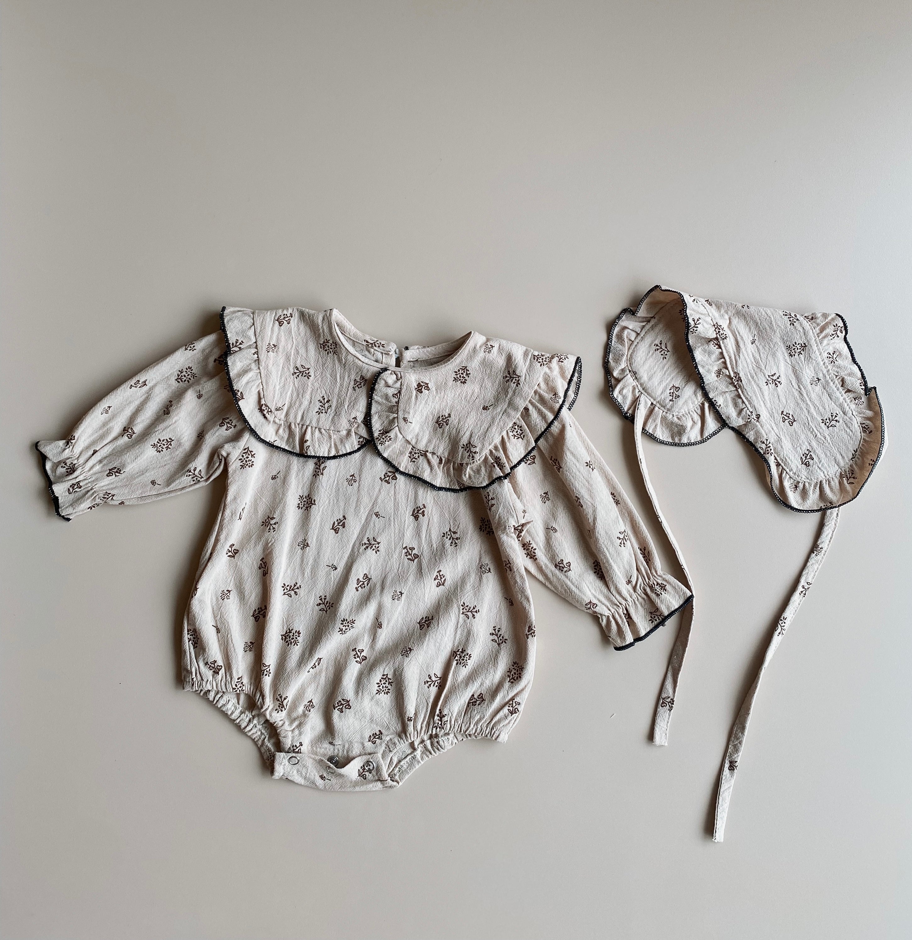 Sarah frill romper& bonnet set